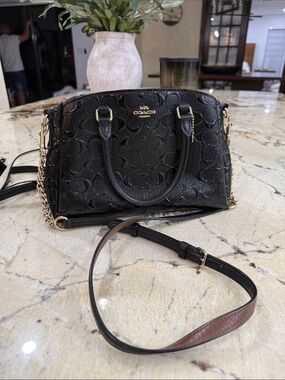 Coach Black Signature Embossed Leather Mini Satchel with Gold Accents